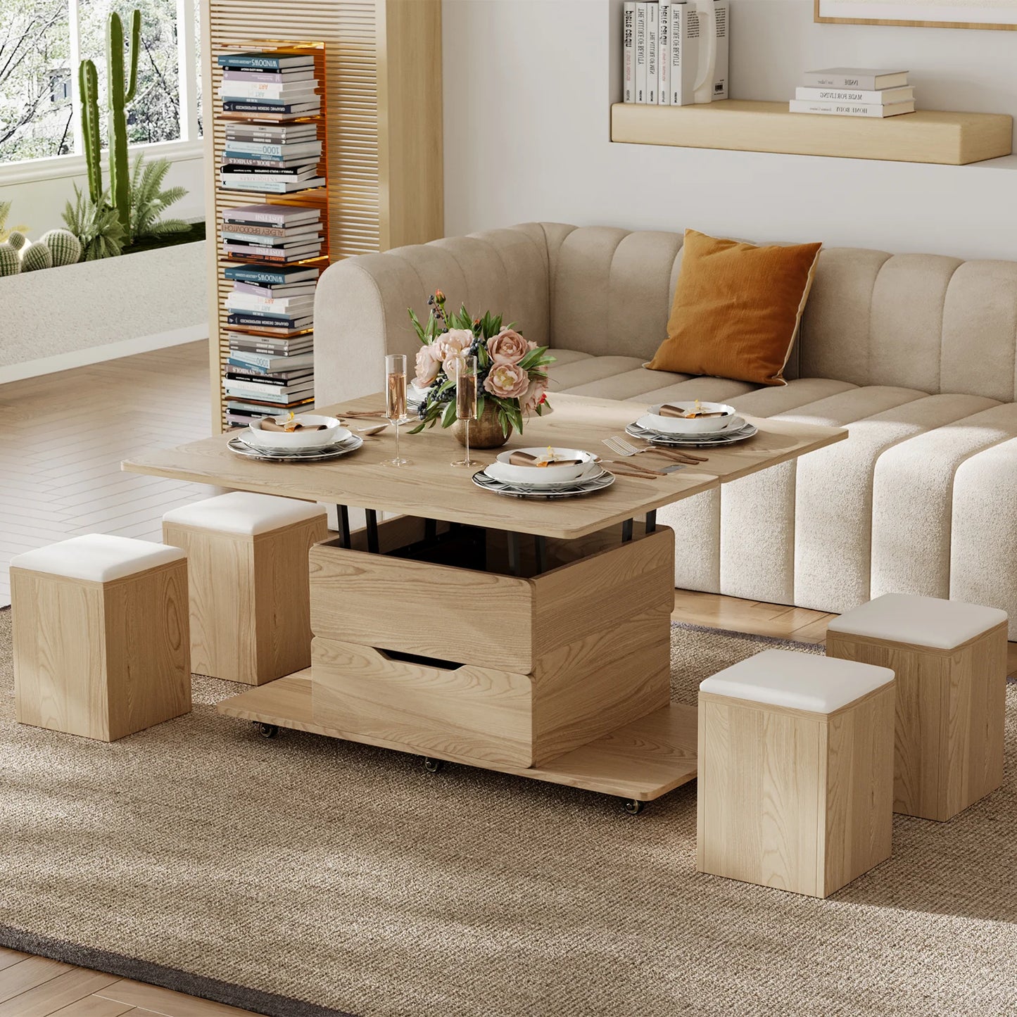 Table basse naturelle pliable à plateau relevable de 1000 mm